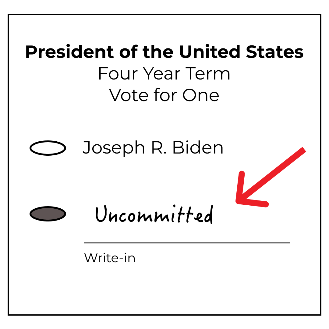 Sample ballot that says President of the United States, Four Year Term, Choose One, Joseph R Biden, and Write-in with 'Uncommitted' written with an arrow pointing toward it.
